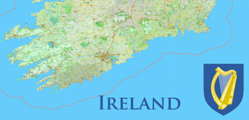 6 Ireland Full Vector Map, High Detailed Editable Layered Adobe Illustrator all roads, cities, ready for print size 24x36 inches v.6