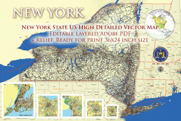 6 New York State US Vector Map, High Detailed Editable Layered Adobe PDF main roads, cities, relief: ready for print size 24x36 inches v.6