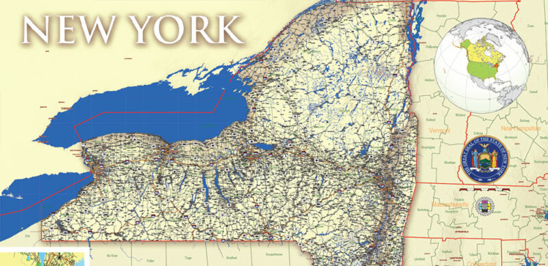 6 New York State US Vector Map, High Detailed Editable Layered Adobe PDF main roads, cities, relief: ready for print size 24x36 inches v.6