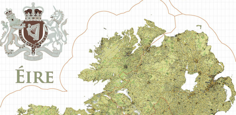 7 Ireland Full Vector Map, High Detailed Editable Layered Adobe Illustrator all roads, cities, ready for print size 24x36 inches v.7