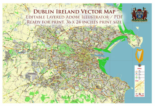 Dublin Ireland Vector Map detailed editable Layered Adobe Illustrator ready for print size 36×24 inches