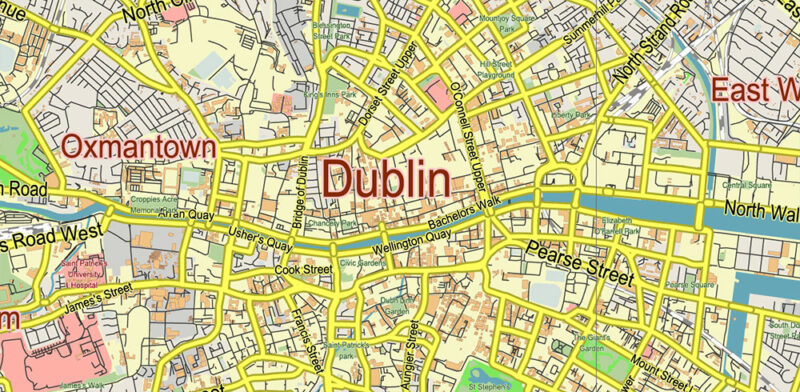 Dublin Ireland Vector Map detailed editable Layered Adobe Illustrator ready for print size 36×24 inches