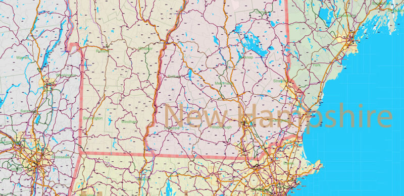 New England States US Map Vector Exact High Detailed Road Map + Counties + zip-codes areas editable Adobe Illustrator in layers