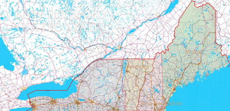 New England States US Map Vector Exact High Detailed Road Map + Counties + zip-codes areas editable Adobe Illustrator in layers