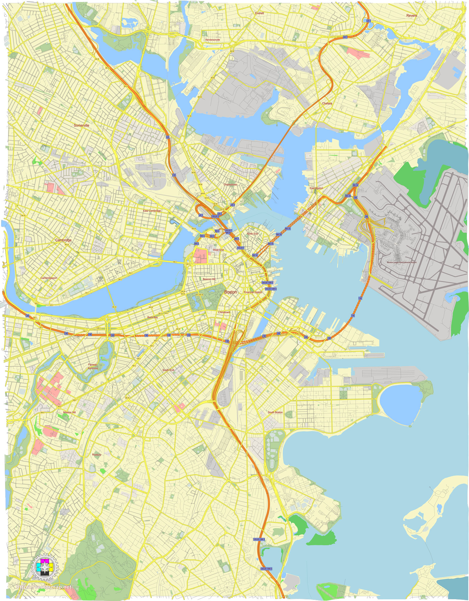 Boston Massachusetts US Free Vector Map in Adobe Illustrator, PDF, SVG