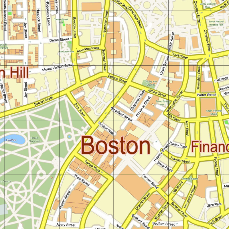 Boston Center Massachusetts US Vector Map editable layered Adobe Illustrator 24x36 inch ready for print