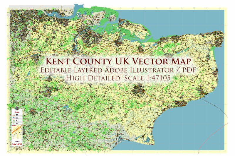 Kent County UK Vector Map high detailed editable layered in Adobe Illustrator