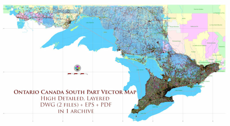 Ontario South Part Canada Vector Map High Detailed All Streets and Roads all Cities and Towns DWG+PDF+EPS