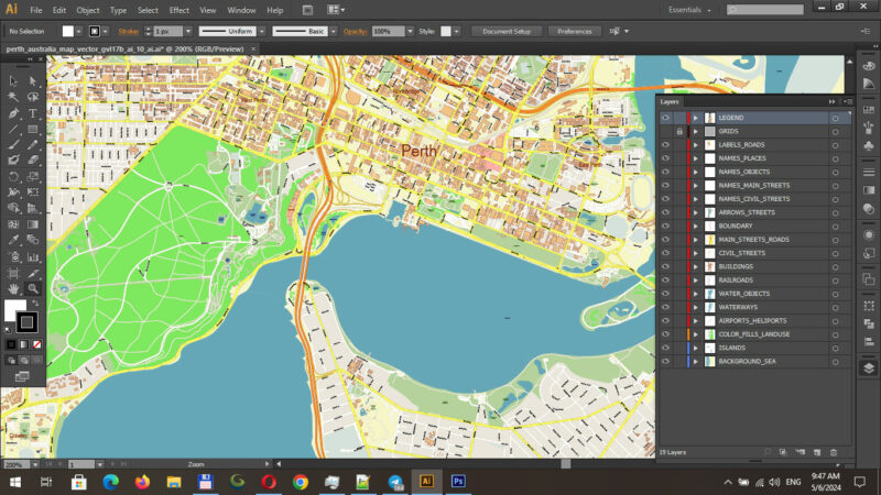 Perth Metro Area Australia Vector Map: Accurate High Detailed City Plan editable Adobe PDF + DWG + Illustrator Street Map in layers (3 files in 1 archive)