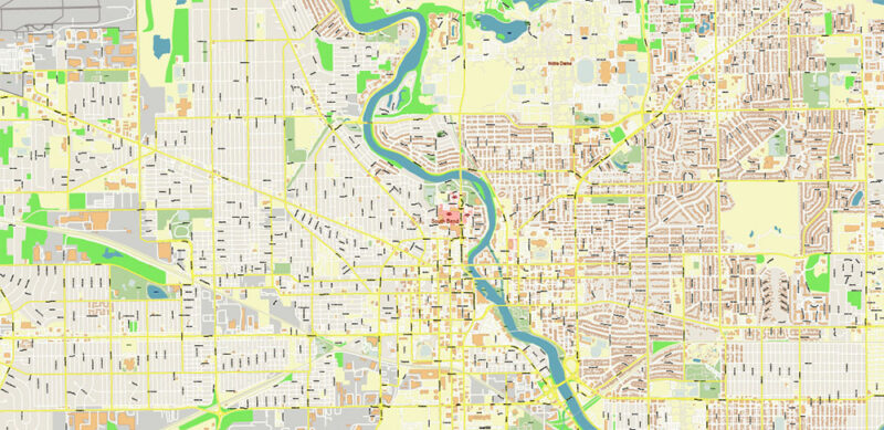 South Bend Indiana US Vector Map exact high detailed editable layered Adobe Illustrator