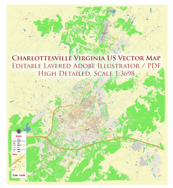Charlottesville Virginia US Vector Map High Detailed editable layered Adobe Illustrator Maps
