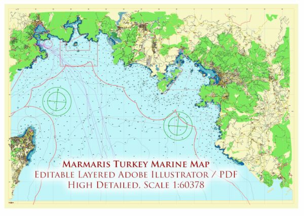 Marmaris area Turkey Marine Vector Map high detailed editable layered Adobe Illustrator