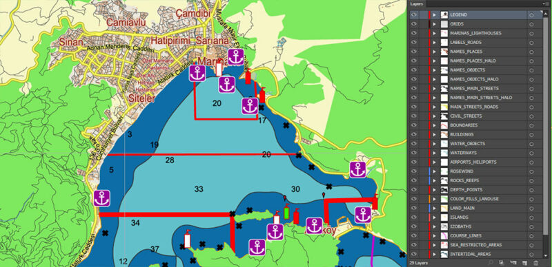 Marmaris area Turkey Marine Vector Map high detailed editable layered Adobe Illustrator