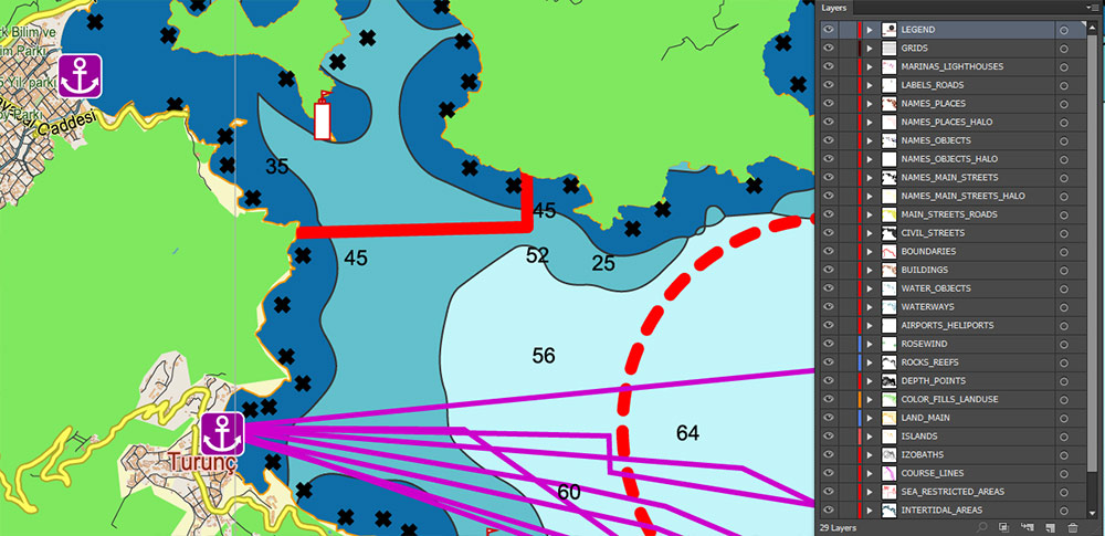 Marmaris area Turkey Marine Vector Map high detailed editable layered Adobe Illustrator
