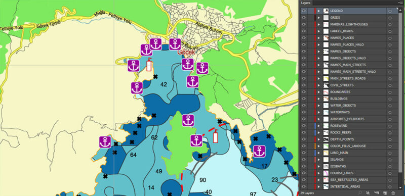 Marmaris area Turkey Marine Vector Map high detailed editable layered Adobe Illustrator