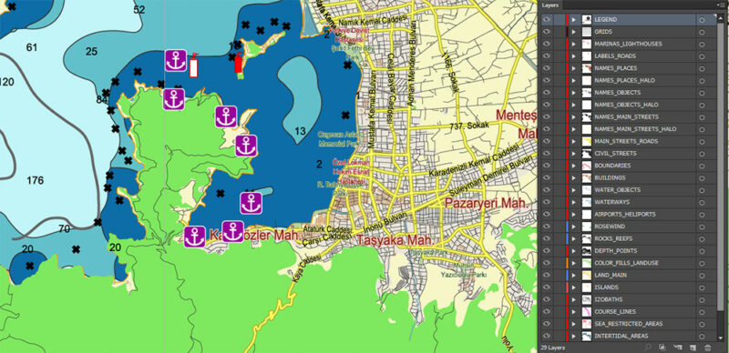 Marmaris area Turkey Marine Vector Map high detailed editable layered Adobe Illustrator