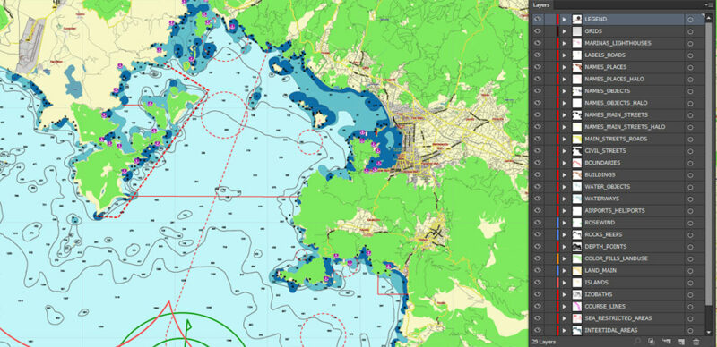 Marmaris area Turkey Marine Vector Map high detailed editable layered Adobe Illustrator