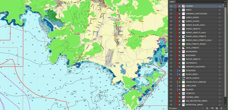 Marmaris area Turkey Marine Vector Map high detailed editable layered Adobe Illustrator