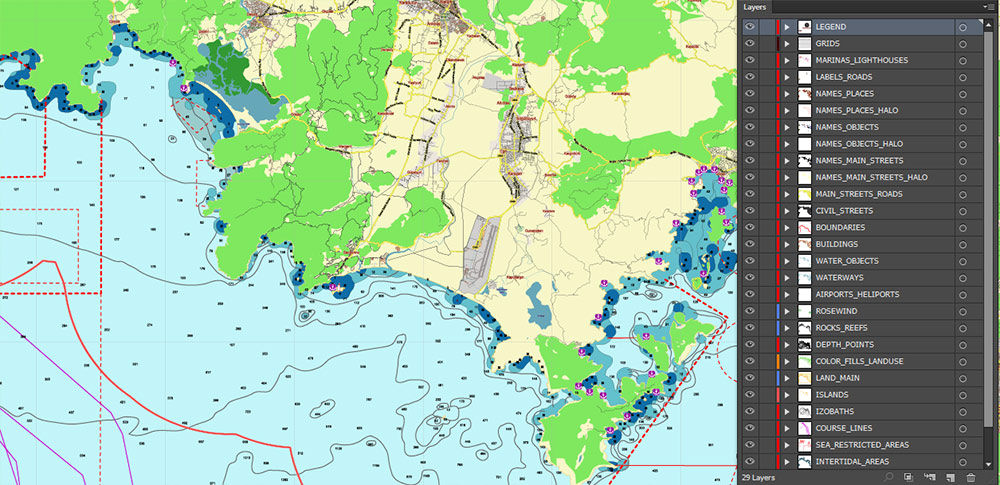 Marmaris area Turkey Marine Vector Map high detailed editable layered Adobe Illustrator