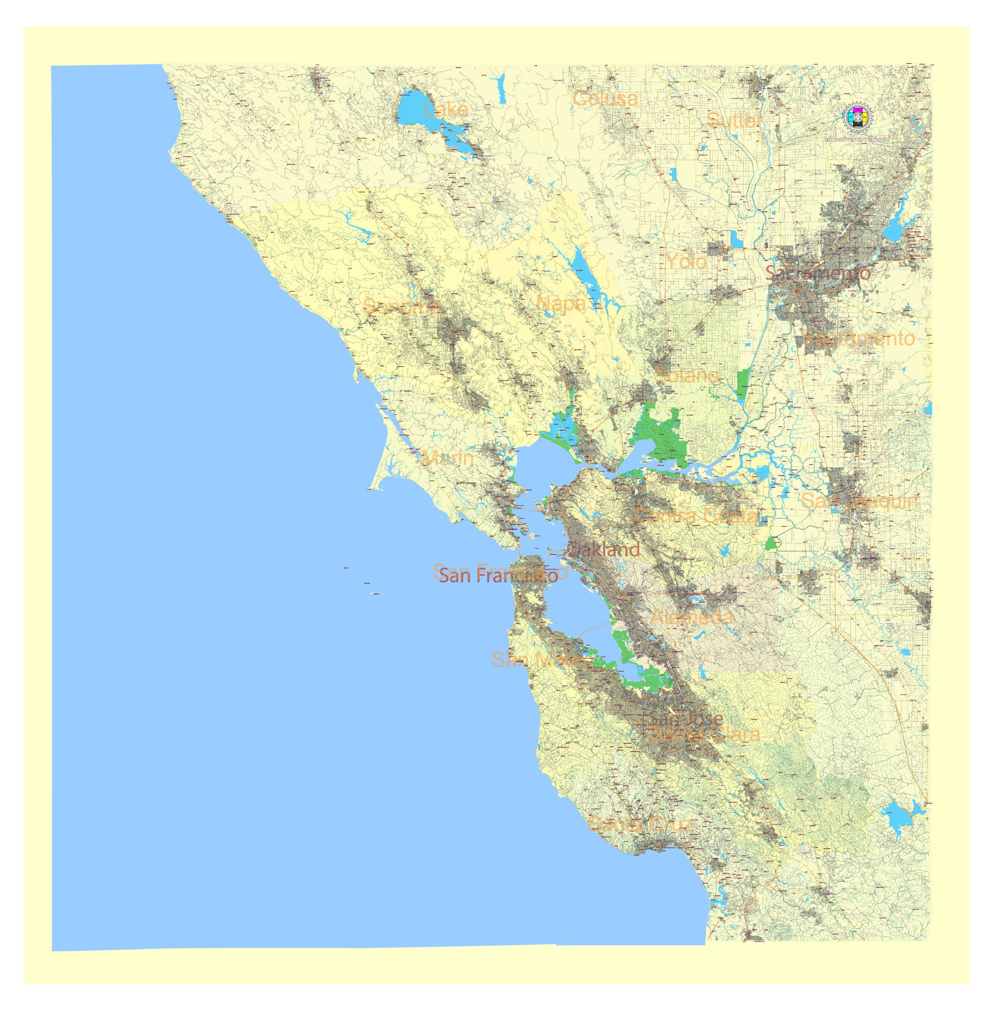 San Francisco Bay Area California US Vector Map in Adobe Illustrator, PDF and SVG Free