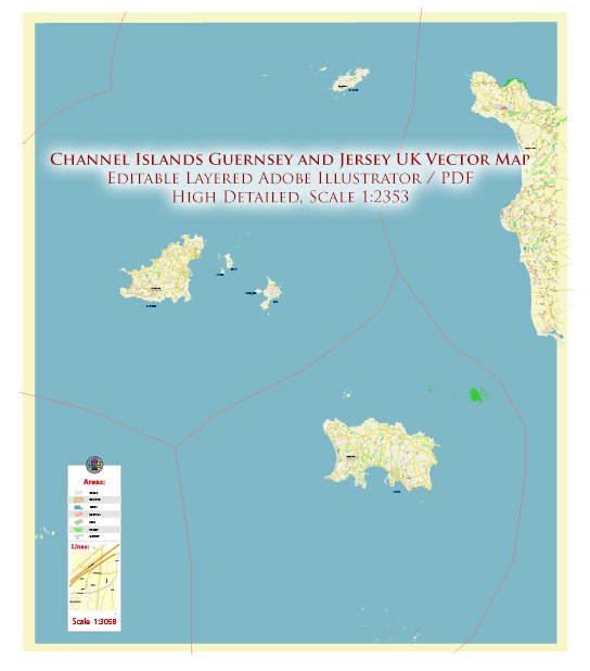 Channel Islands Guernsey and Jersey UK Vector Map High Detailed editable layered Adobe Illustrator