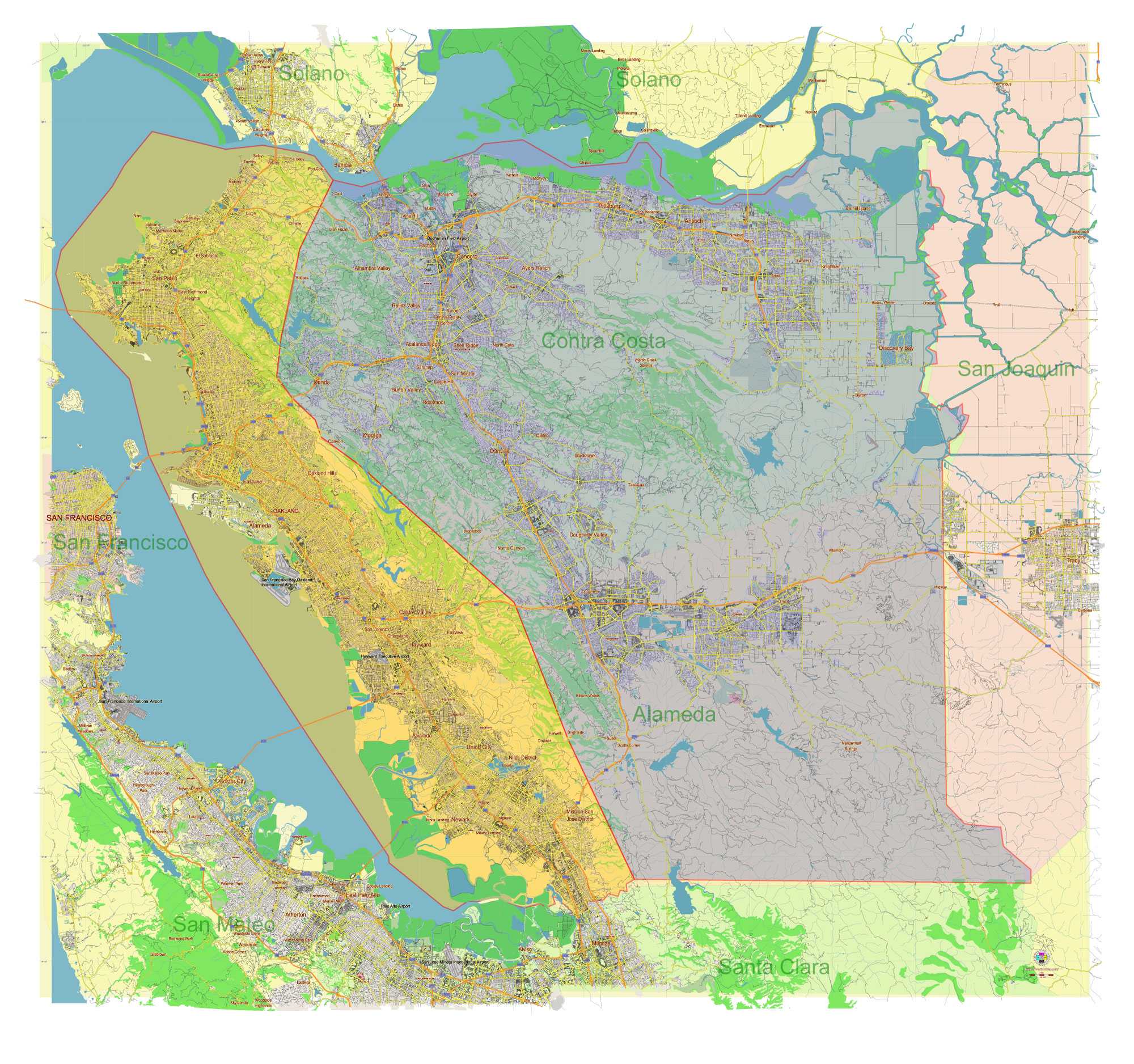East Bay (east part of San Francisco Bay Area) California US Vector Map in Adobe Illustrator, PDF and SVG Free