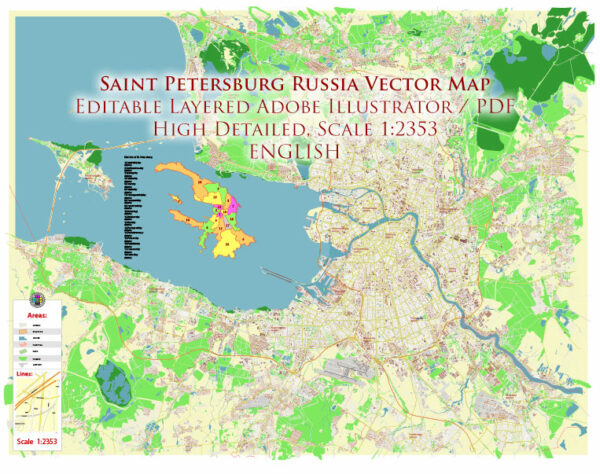 Saint Petersburg Russia Vector Map (ENG) High Detailed editable layered Adobe Illustrator