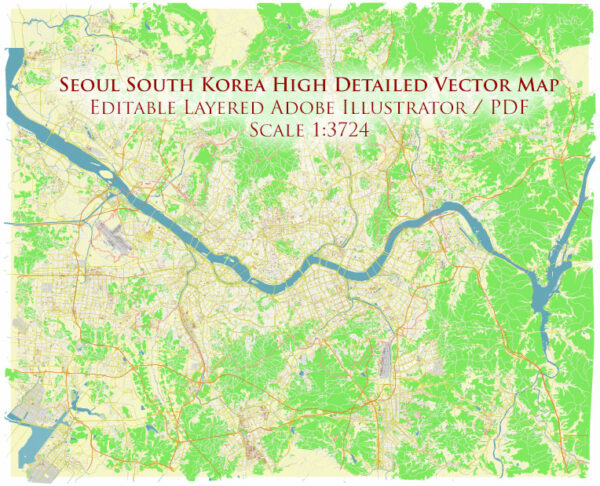 Seoul South Korea Vector Map High Detailed editable layered Adobe Illustrator