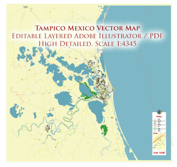Tampico Mexico Vector Map High Detailed editable layered Adobe Illustrator