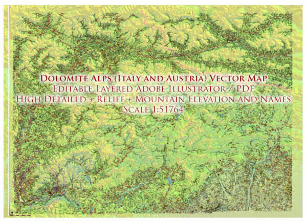 Dolomite Alps (Italy and Austria) Vector Map High Detailed + Relief + Mountain Elevation and Names Editable Layered Adobe Illustrator