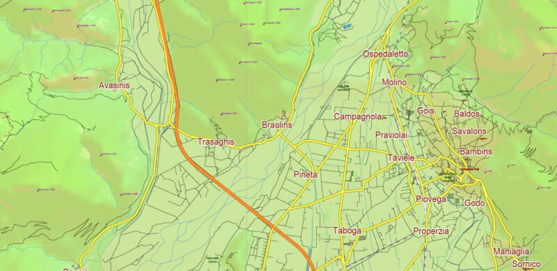 Dolomite Alps (Italy and Austria) Vector Map High Detailed + Relief + Mountain Elevation and Names Editable Layered Adobe Illustrator