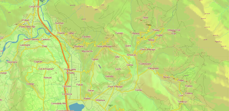 Dolomite Alps (Italy and Austria) Vector Map High Detailed + Relief + Mountain Elevation and Names Editable Layered Adobe Illustrator