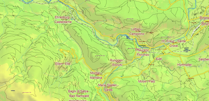 Dolomite Alps (Italy and Austria) Vector Map High Detailed + Relief + Mountain Elevation and Names Editable Layered Adobe Illustrator