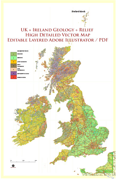 UK + Ireland Geological + Relief Vector Map High Detailed editable layered Adobe Illustrator