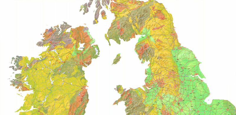 UK + Ireland Geological + Relief Vector Map High Detailed editable layered Adobe Illustrator