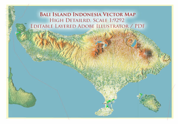 Bali Island Indonesia High Detailed Vector Map Editable Layered Adobe Illustrator + raster relief