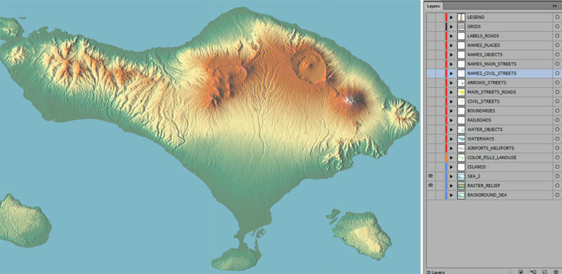 Bali Island Indonesia High Detailed Vector Map Editable Layered Adobe Illustrator + raster relief