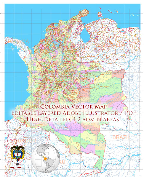 Colombia High Detailed Vector Map: Admin, Roads, Cities and Towns Editable Layered Adobe Illustrator