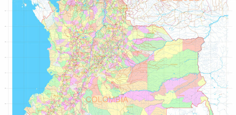 Colombia High Detailed Vector Map: Admin, Roads, Cities and Towns Editable Layered Adobe Illustrator