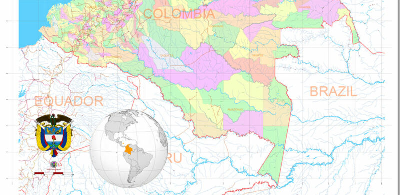 Colombia High Detailed Vector Map: Admin, Roads, Cities and Towns Editable Layered Adobe Illustrator