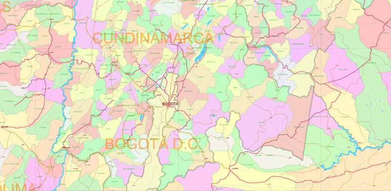 Colombia High Detailed Vector Map: Admin, Roads, Cities and Towns Editable Layered Adobe Illustrator