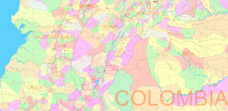 Colombia High Detailed Vector Map: Admin, Roads, Cities and Towns Editable Layered Adobe Illustrator