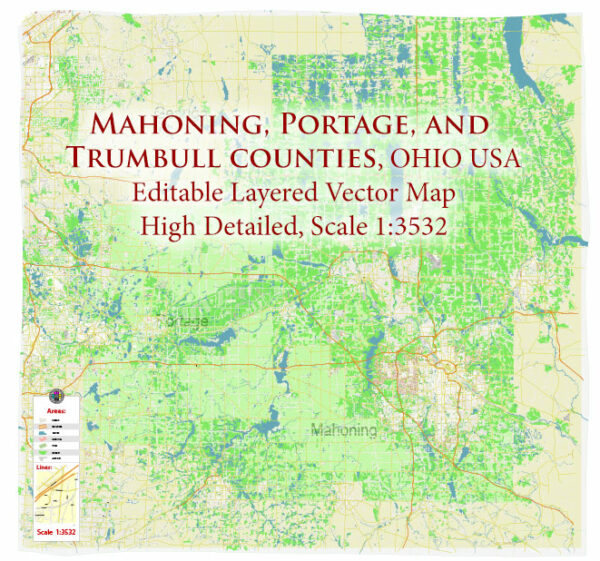 Mahoning + Portage + Trumbull counties Ohio USA High Detailed Vector Map Editable Layered Adobe Illustrator Scale 1:3532