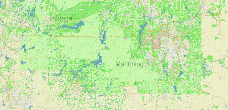 Mahoning + Portage + Trumbull counties Ohio USA High Detailed Vector Map Editable Layered Adobe Illustrator Scale 1:3532