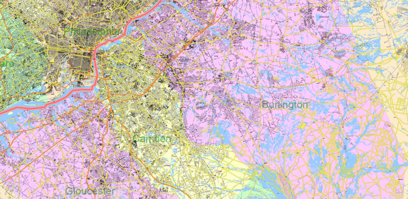 New York City USA + 100 miles radius area High Detailed Vector Map Editable Layered Adobe Illustrator
