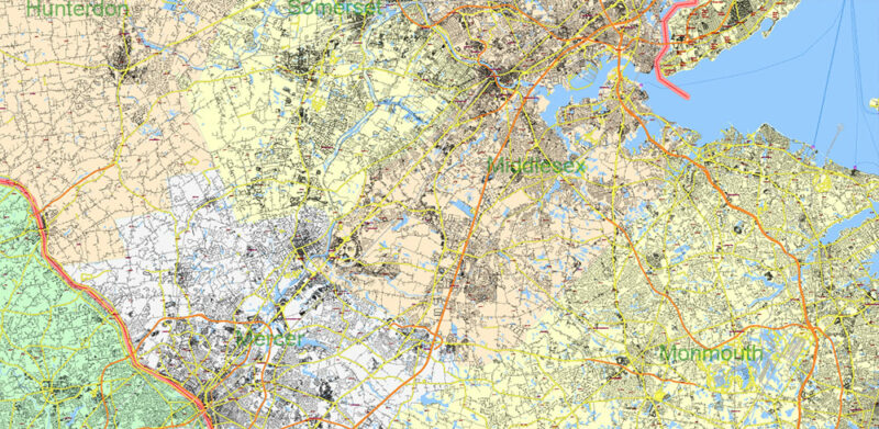 New York City USA + 100 miles radius area High Detailed Vector Map Editable Layered Adobe Illustrator
