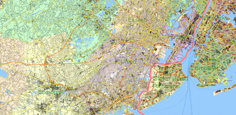 New York City USA + 100 miles radius area High Detailed Vector Map Editable Layered Adobe Illustrator