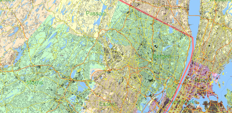 New York City USA + 100 miles radius area High Detailed Vector Map Editable Layered Adobe Illustrator