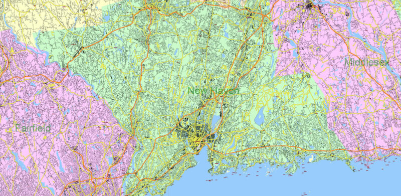 New York City USA + 100 miles radius area High Detailed Vector Map Editable Layered Adobe Illustrator