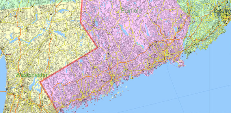 New York City USA + 100 miles radius area High Detailed Vector Map Editable Layered Adobe Illustrator
